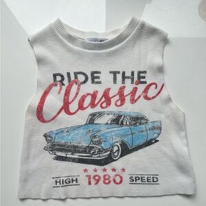 Fashion Nova White and Blue Tank Top with Classic Car Design Size xs